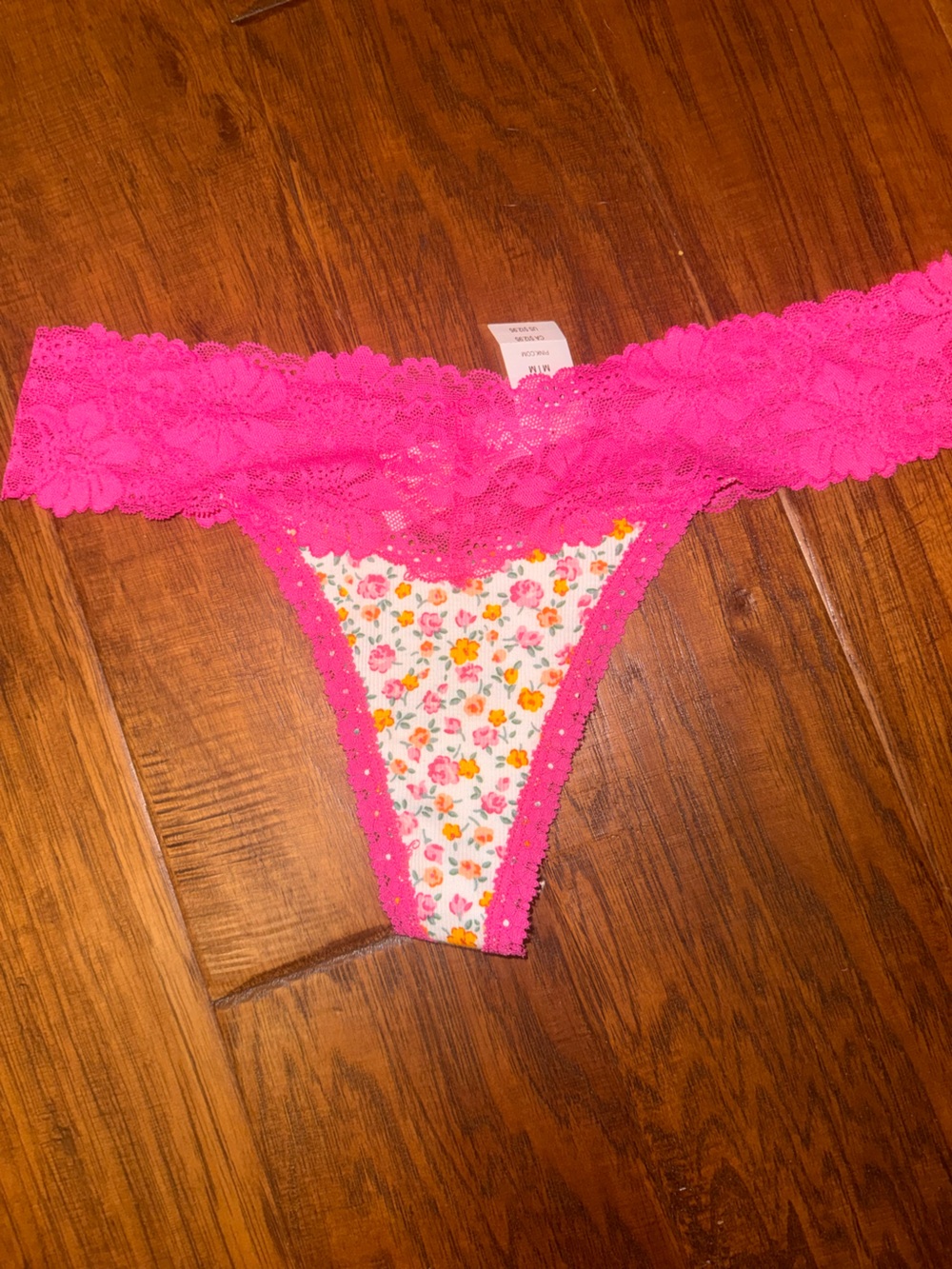 NWTGirls' Floral Cotton Thong with Hot Pink Lace Trim